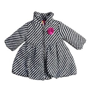 Penelope Mack Girls 18M Black White Herringbone Peplum Zip Coat Pink Flower‎